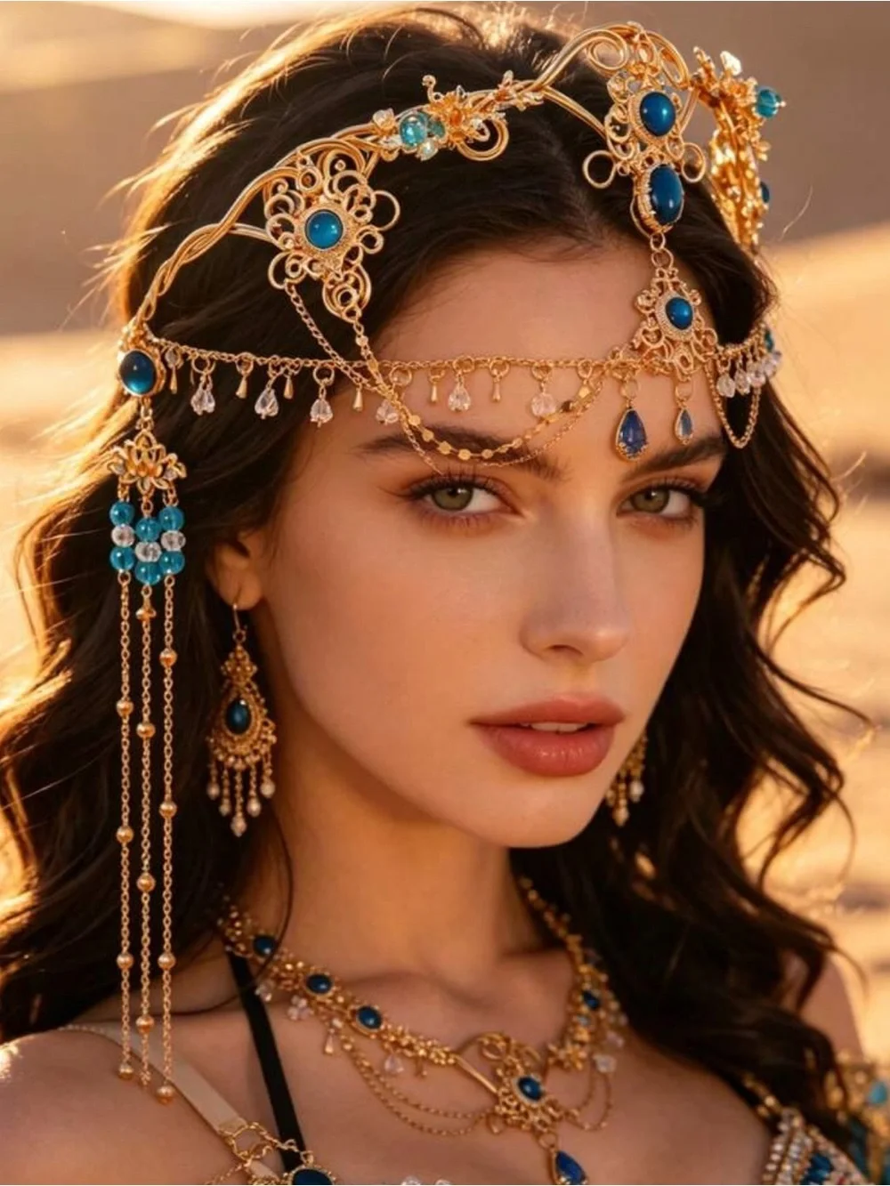 Gold and Blue Crystal Bohemian Forehead Chain Headpiece